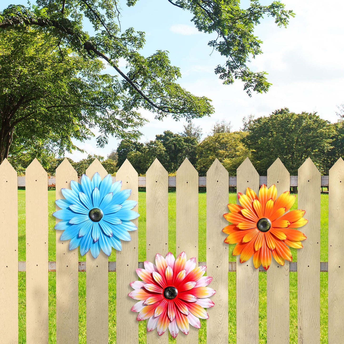 Hotop 3 Pcs Metal Flower Wall Art 3D Metal Daisy Wall Decor Multiple Layer Hanging Flower Rustic Farmhouse Boho Style Decorations for Indoor Outdoor Home Living Room Office Garden, 8 Inches(Vivid)