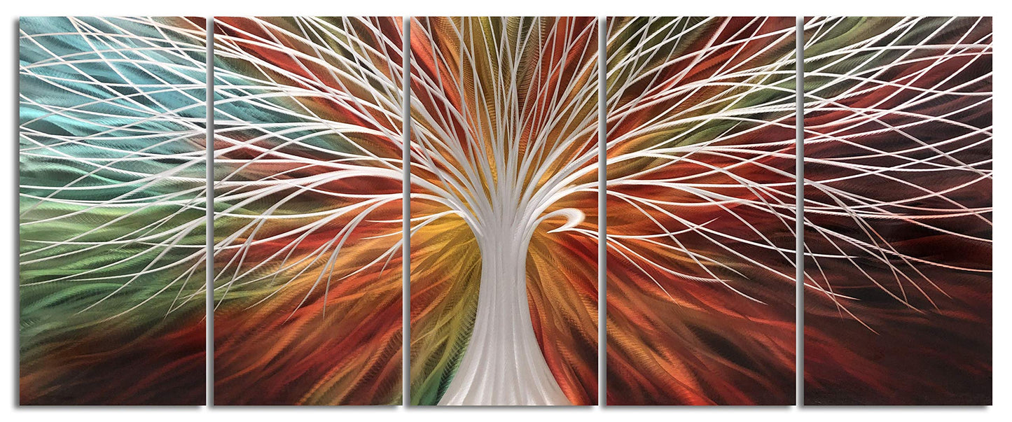 Yihui Arts Abstract Metal Wall Art - Tree Of Life Hand Crafted 5 Pieces Panels Large Big Unique 3D Aluminum Modern Contemporary Home Accent