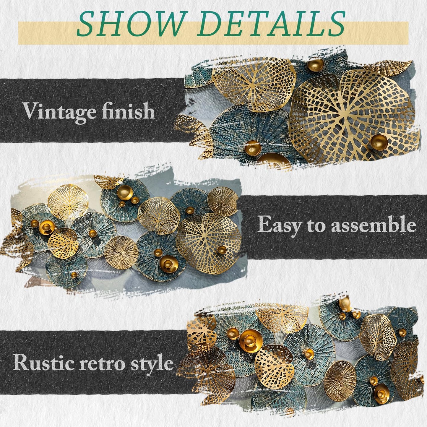 edaknez Metal Wall Decor for Living Room, Metal Flower Wall Art, 3D Stacked Leaves Wall Art Decor, Modern Lotus Flower Hanging Wall Decor (C 50 inch x 26 inch)
